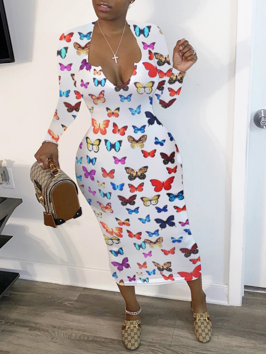 

lovely Trendy Butterfly Print White Mid Calf Dress