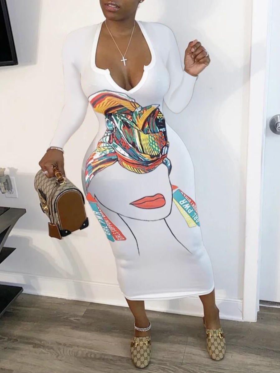 

lovely Casual V Neck Print White Mid Calf Dress