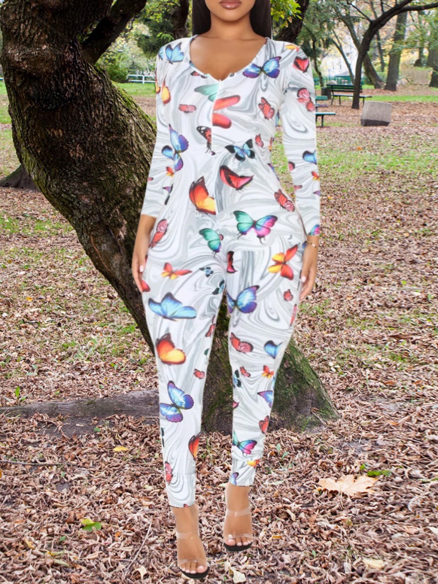 

Lovely Trendy V Neck Butterfly Print White One-piece Jumpsuit