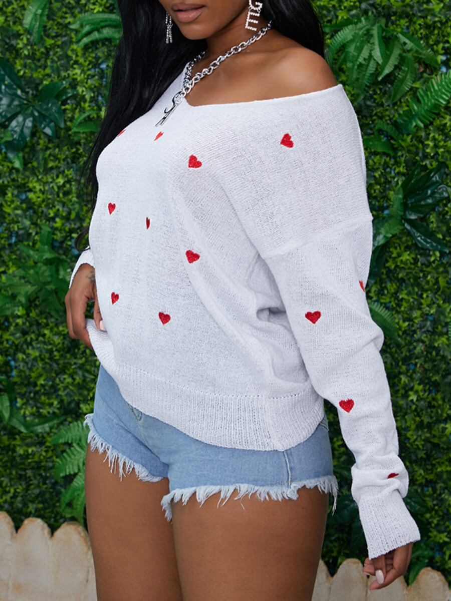 

Lovely Casual V Neck Heart Print White Sweater