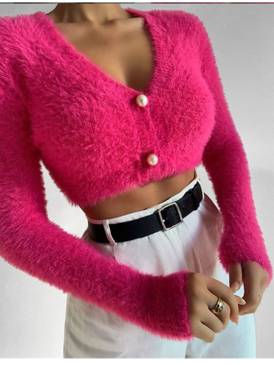 

Lovely Stylish V Neck Buttons Design Rose Red Short Cardigan