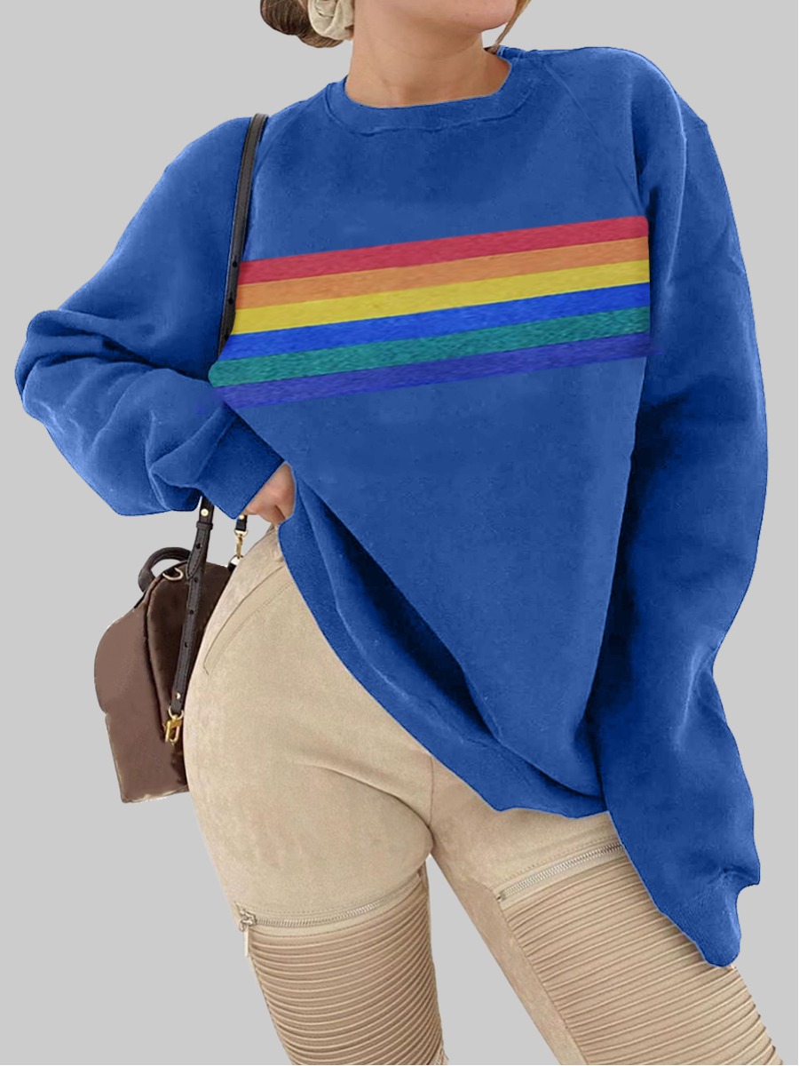 

lovely Casual O Neck Rainbow Striped Blue Hoodie