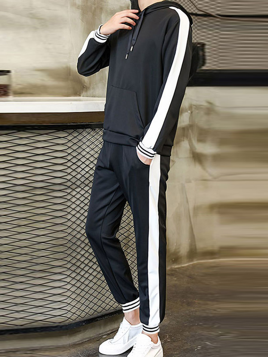 

lovely Sportswear Hooded Collar Patchwork Black Men Two-piece Pants Set