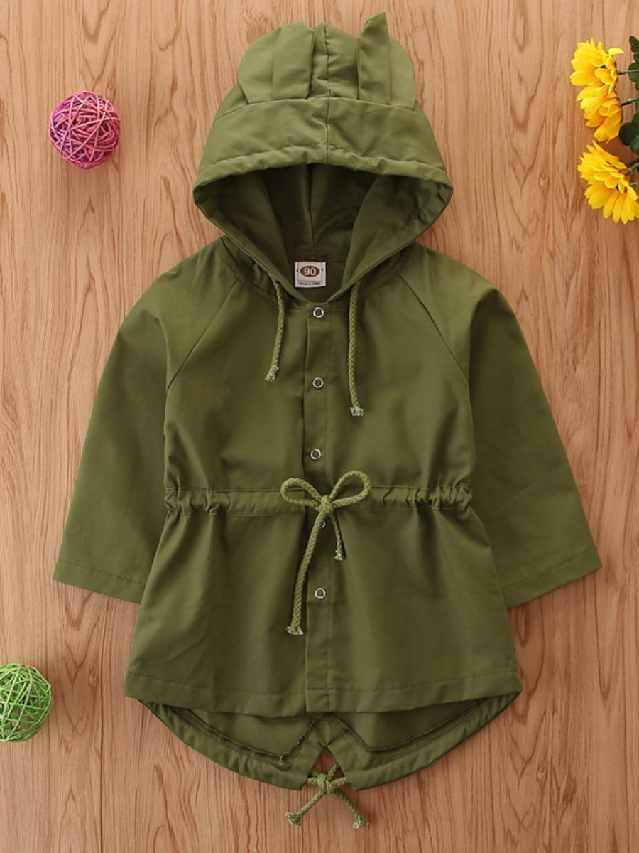 

lovely Leisure Hooded Collar Drawstring Green Girl Coat