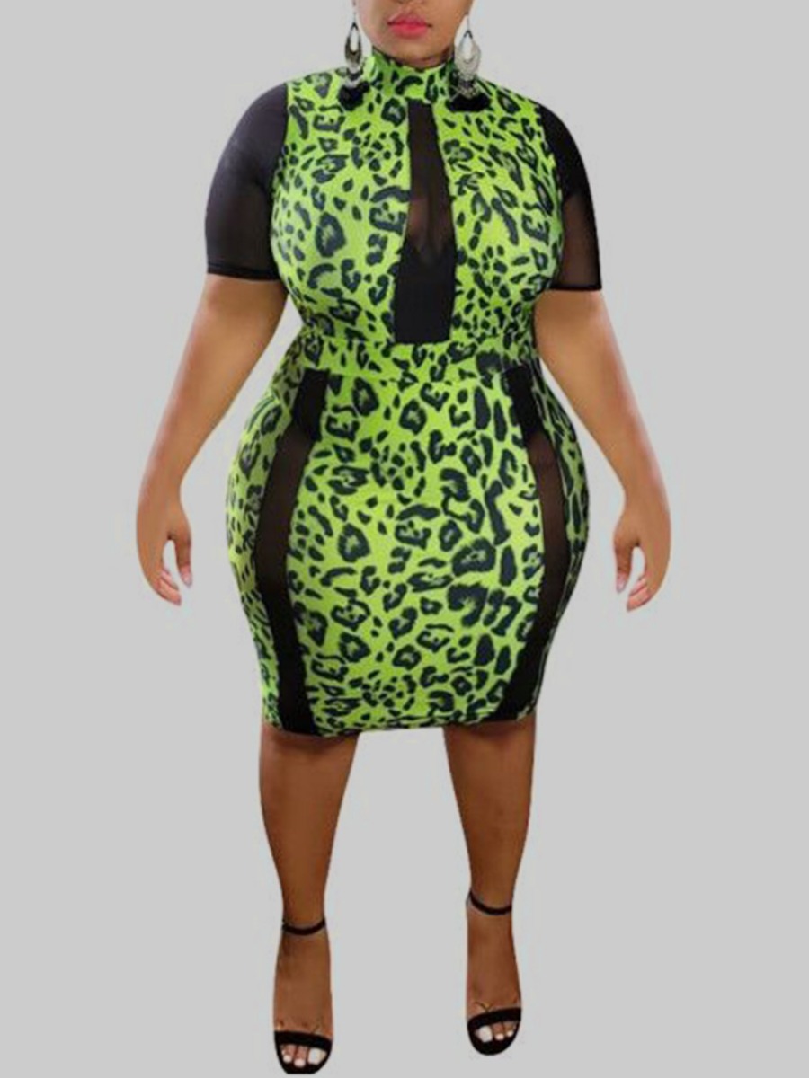 

Lovely Trendy Leopard Print Patchwork Knee Length Plus Size Dress