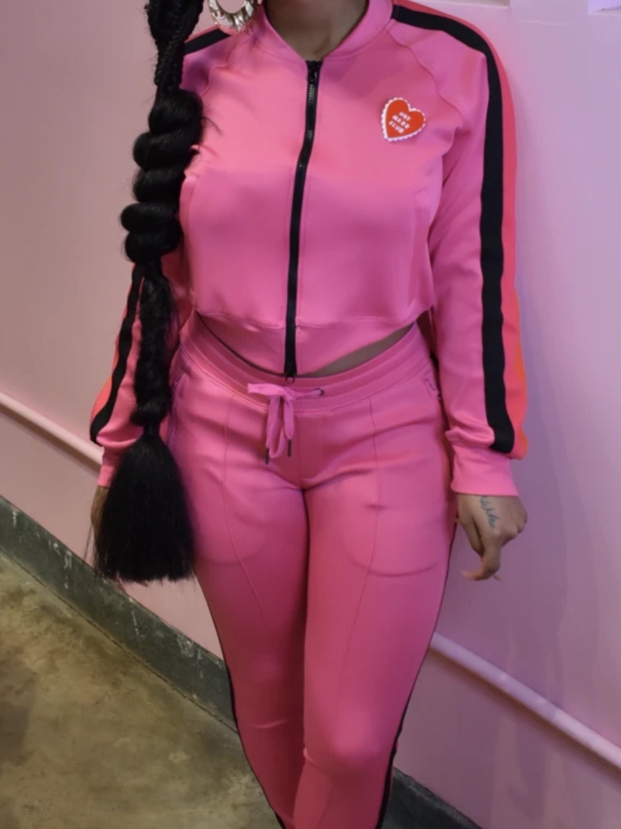 

Lovely Sportswear Zipper Design Patchwork Pink Two Piece Pants Set