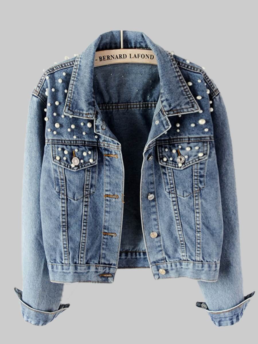 

Lovely Plus Size Trendy Turndown Collar Pearl Decorative Blue Denim Jacket
