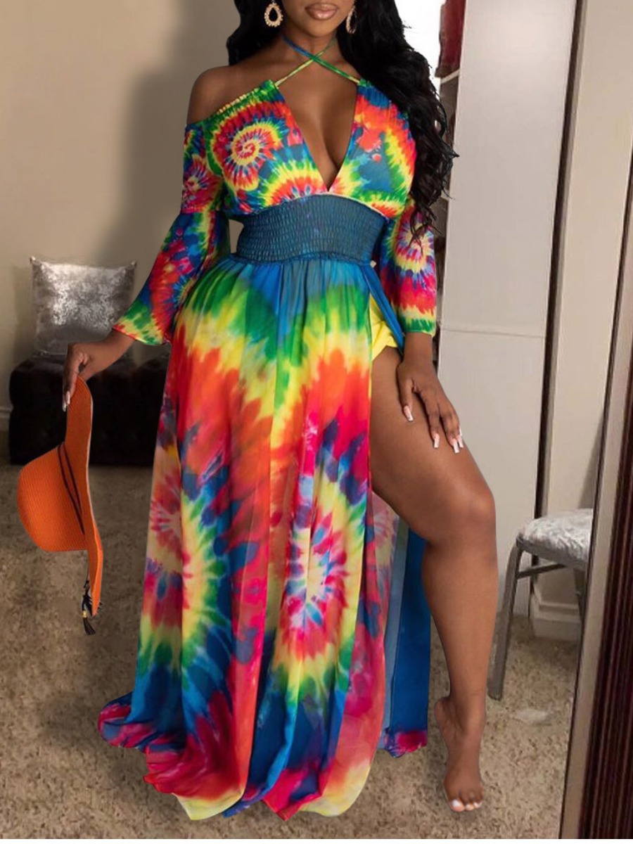 

lovely Stylish Tie-dye Side High Slit Multicolor Dress(Batch Print, Multi