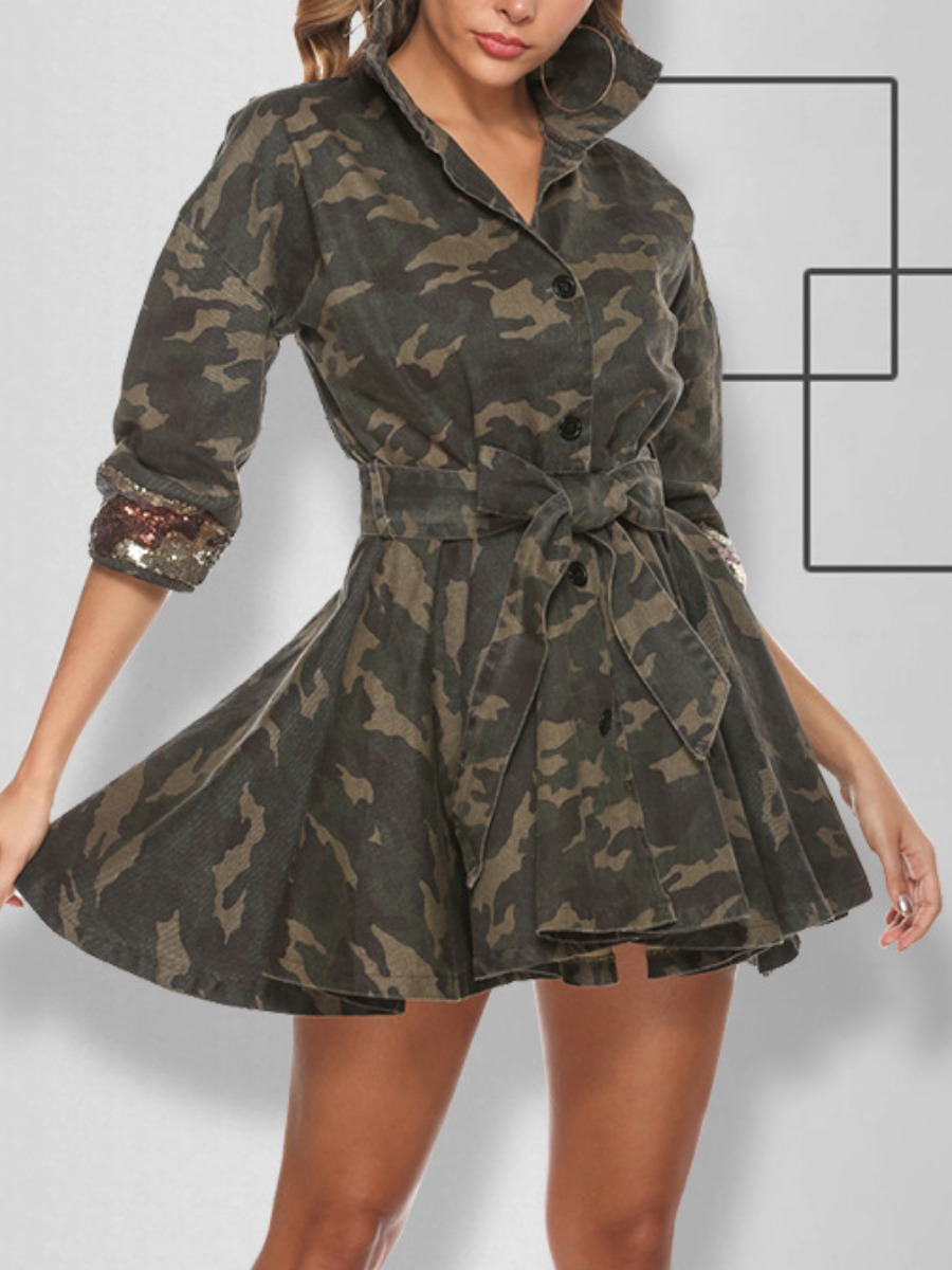 

lovely Casual Turndown Collar Camo Print Long Coat