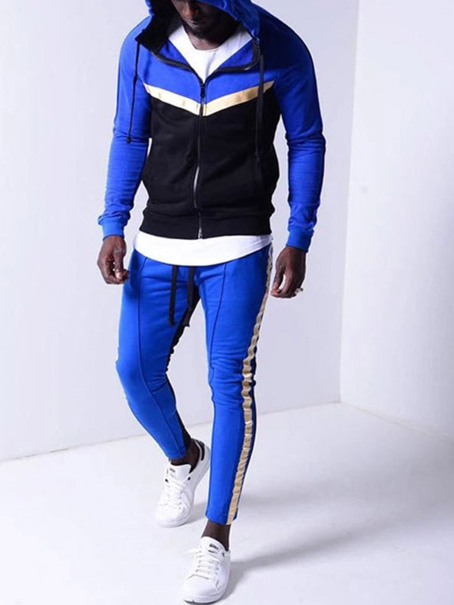 

lovely Sportswear Hooded Collar Patchwork Blue Men Two-piece Pants Set