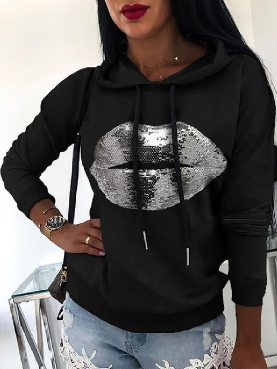 

Lovely Casual Hooded Collar Lip Print Black Hoodie