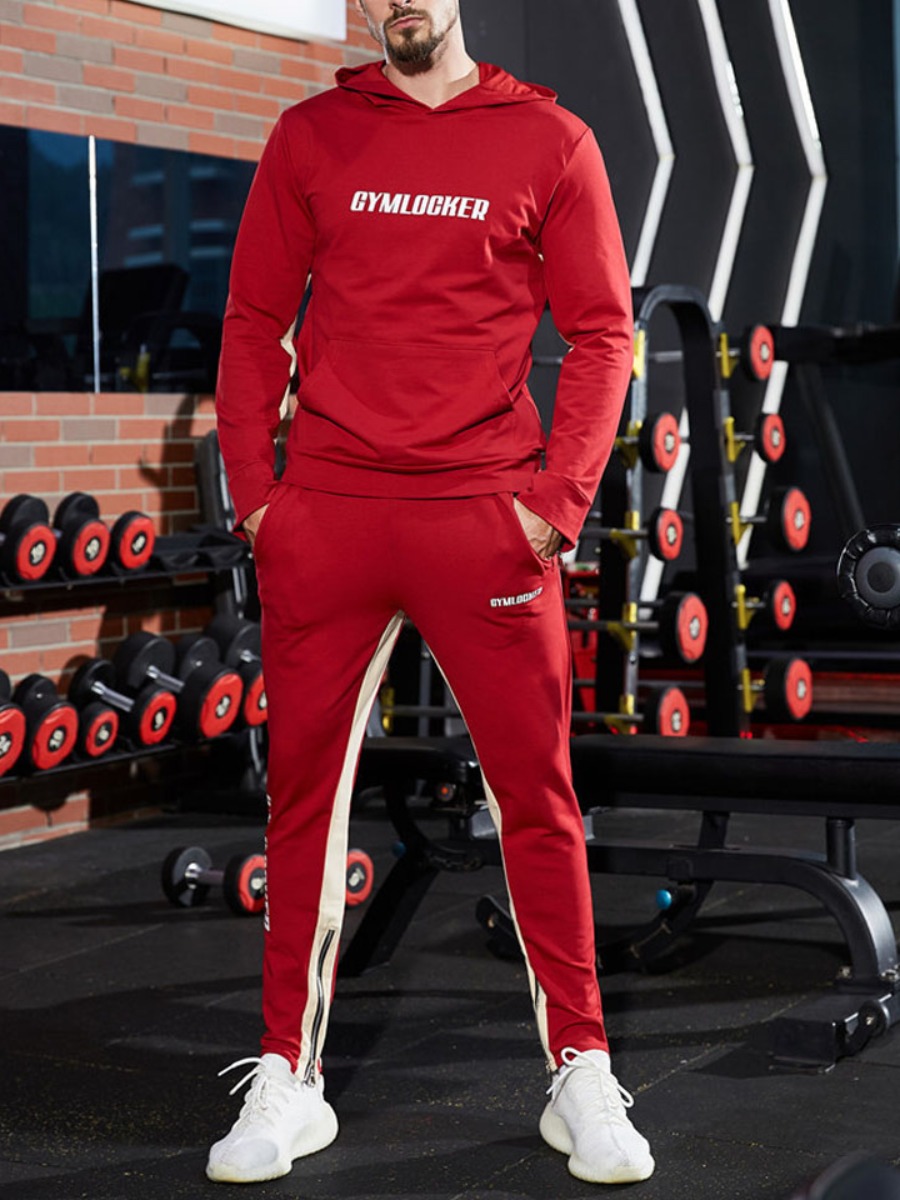 

lovely Sportswear Hooded Collar Letter Patchwork Red Men Two-piece Pants Set