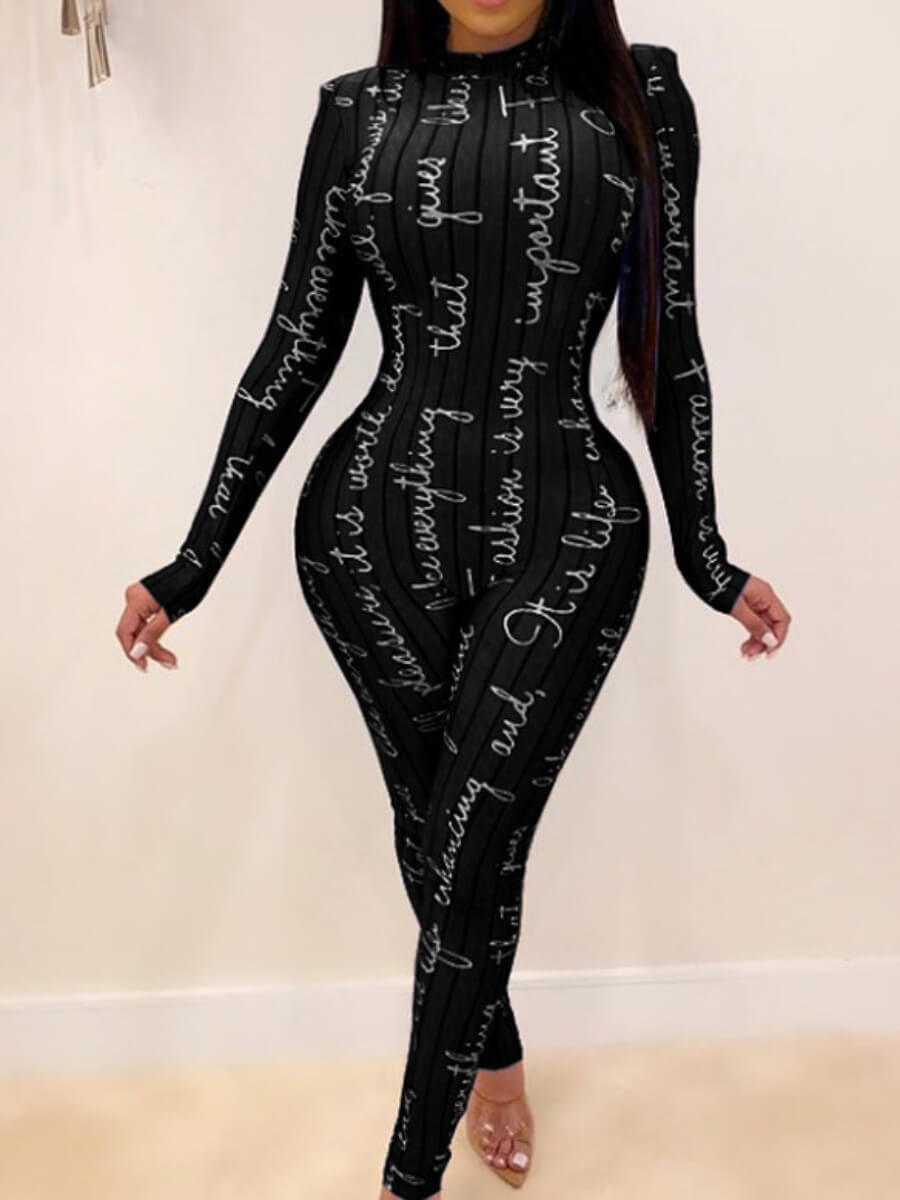 

lovely Stylish Letter Print Skinny Black One-piece Jumpsuit