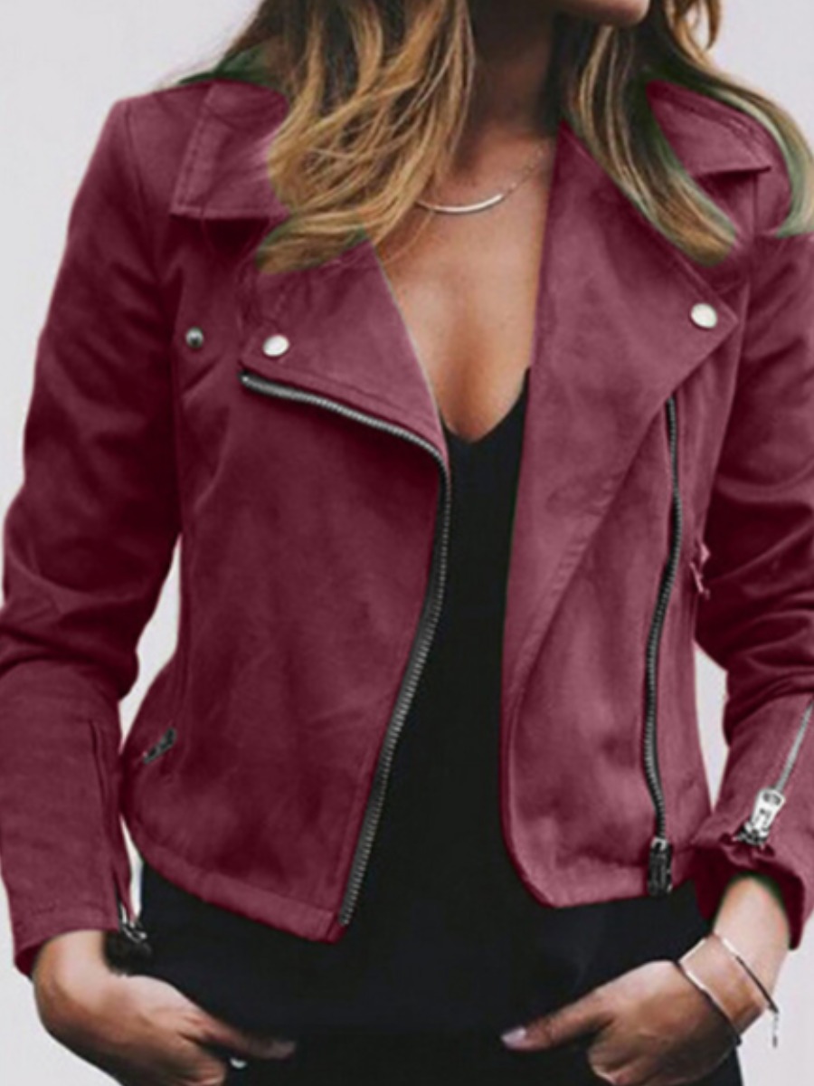 

lovely Stylish Turndown Collar Zipper Design Wine Red Jacket