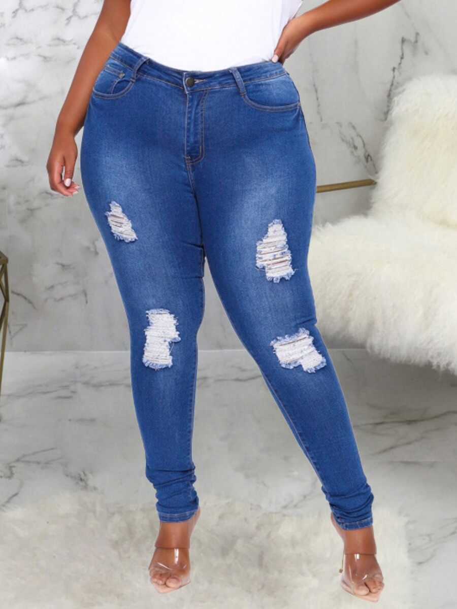 

Lovely Trendy Broken Holes Blue Plus Size Jeans