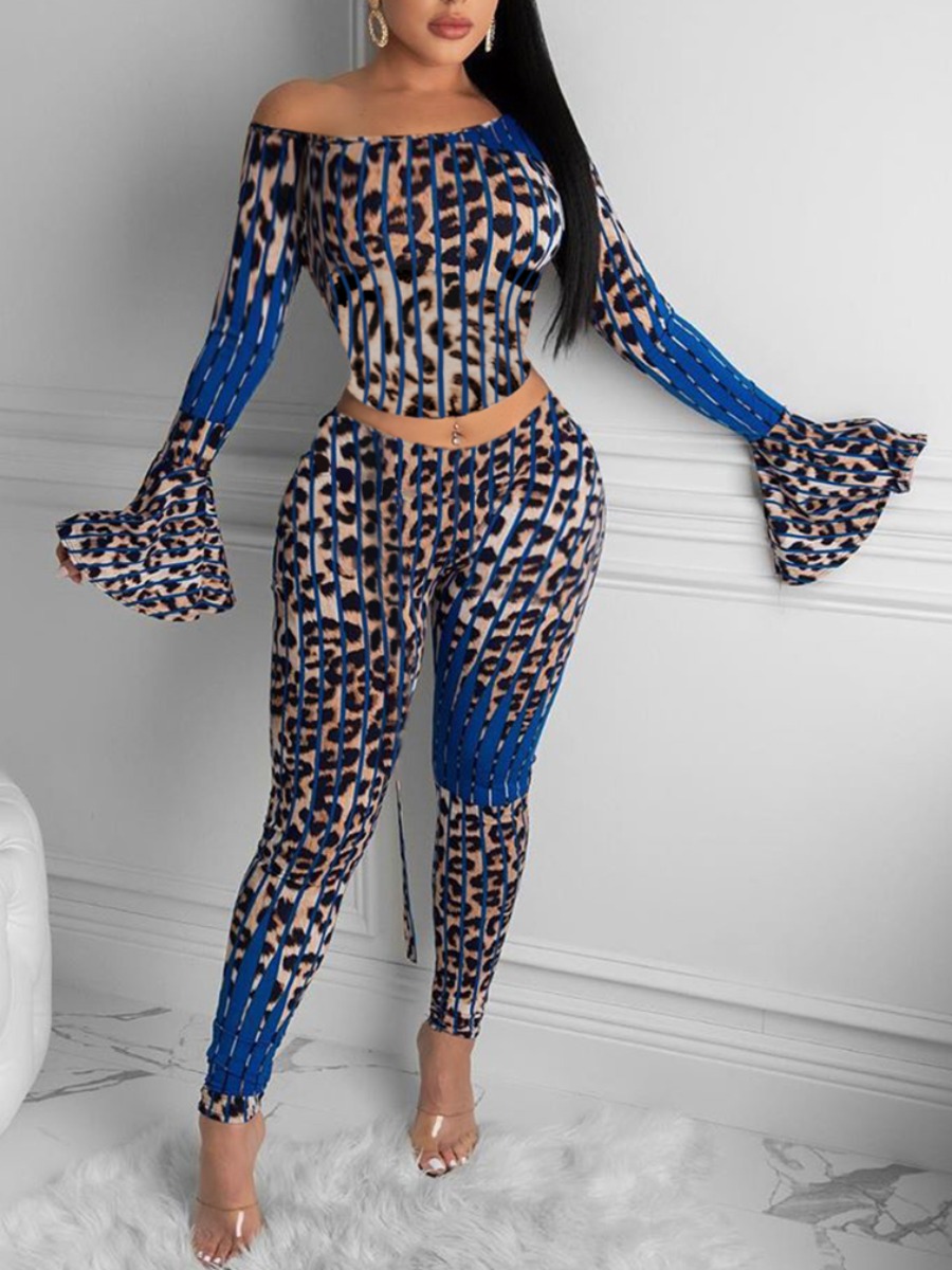 

lovely Stylish Dew Shoulder Leopard Print Two Piece Pants Set(Batch Print