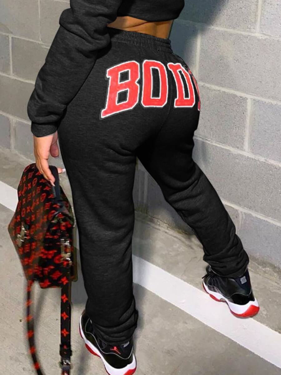 

Lovely Sportswear Letter Print Black Pants