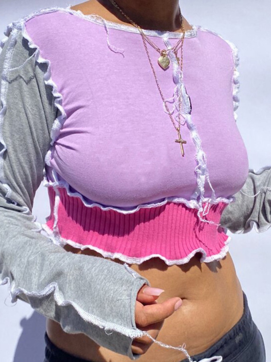 

lovely Street O Neck Patchwork Purple T-shirt