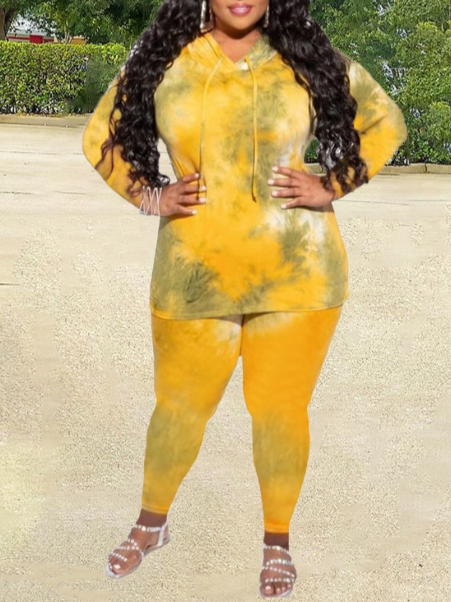 

lovely Trendy Hooded Collar Tie-dye Yellow Plus Size Two-piece Pants Set