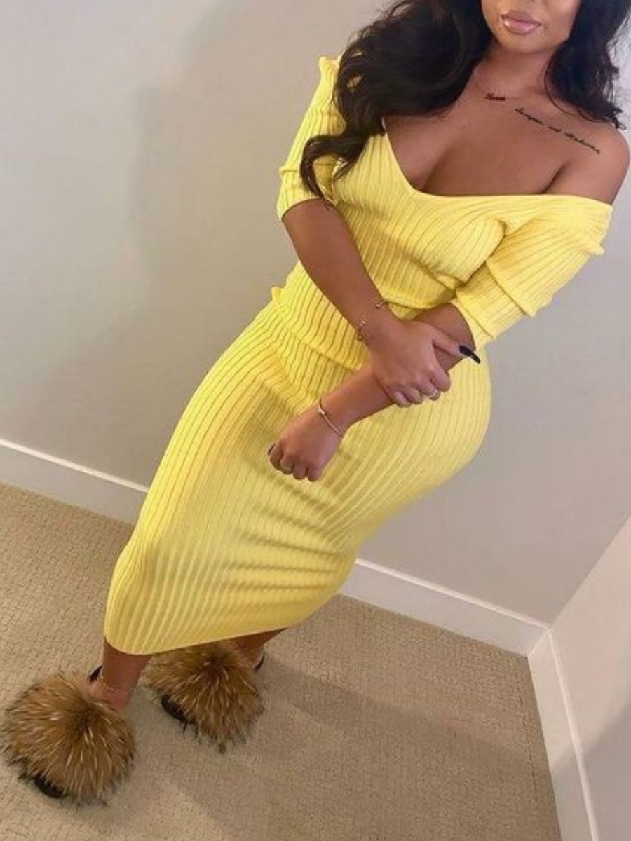 

LW BASICS Stylish V Neck Striped Yellow Ankle Length Dress