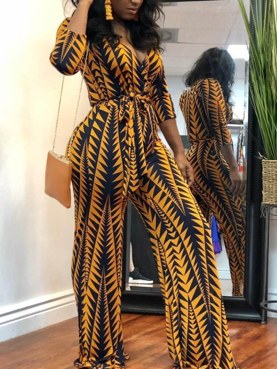 

LW Trendy V Neck Print Yellow One-piece Jumpsuit