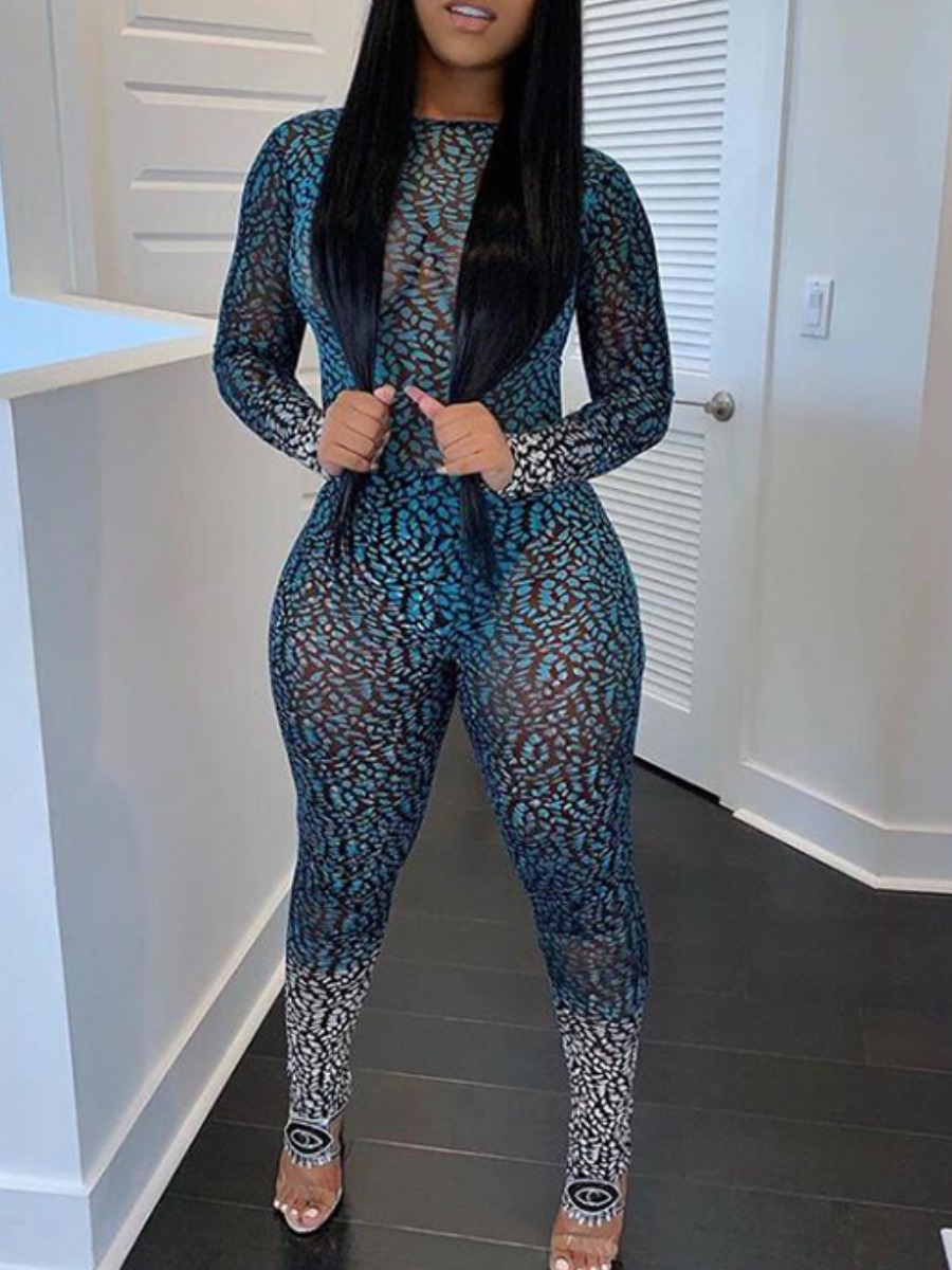 

lovely Sportswear Print See-through Blue One-piece Jumpsuit