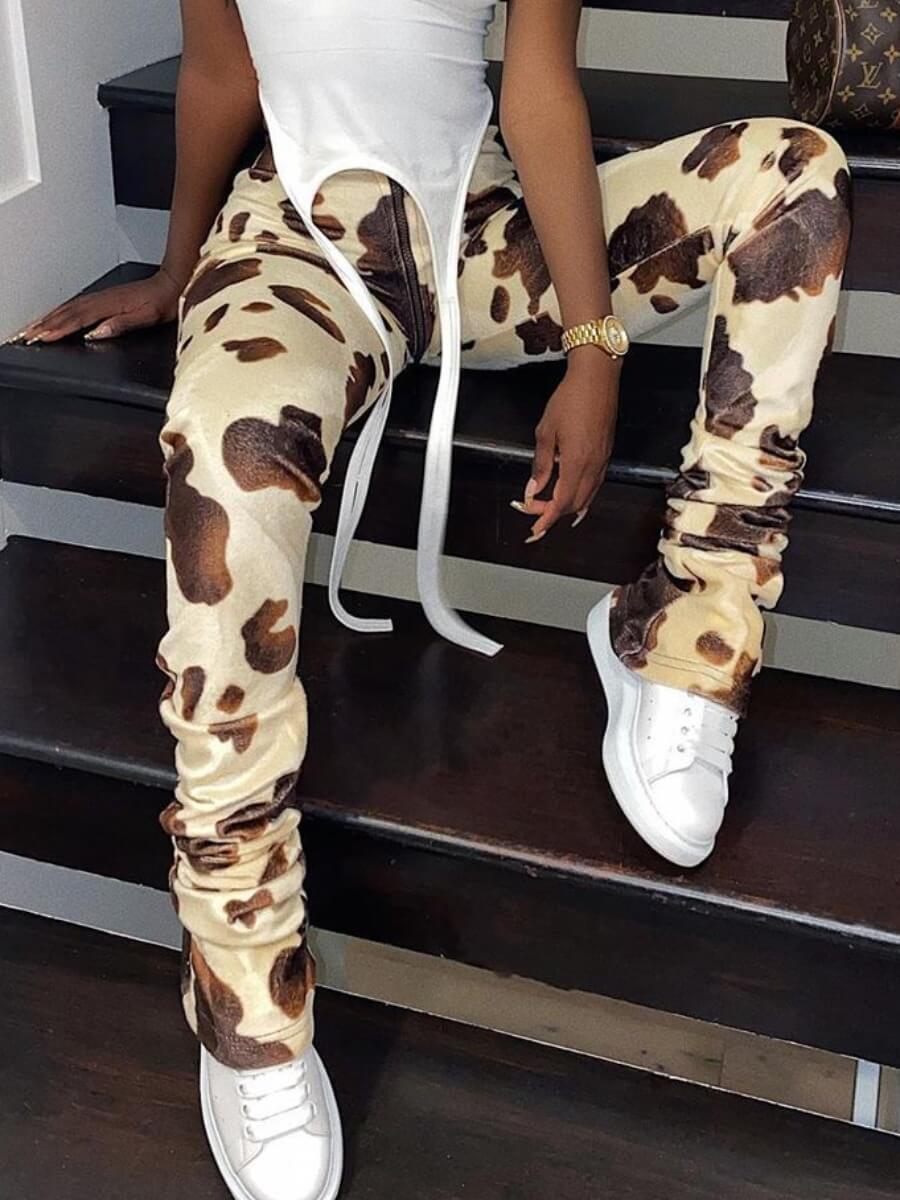 

LW Cow Print Stacked Pants, Apricot