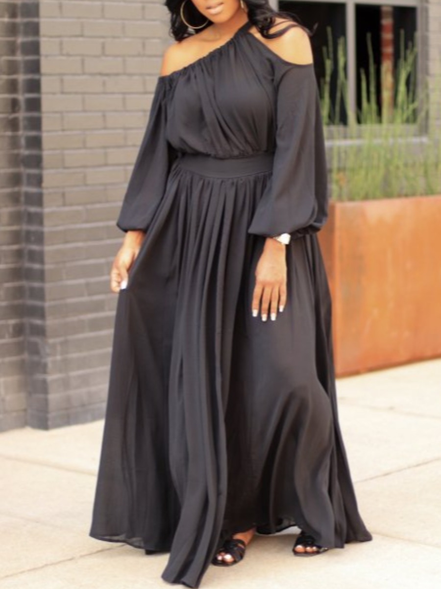 

lovely Casual Fold Design Hollow-out Black Maxi Dress