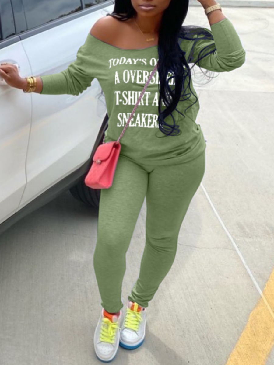 

lovely Casual Letter Print Green Two Piece Pants Set