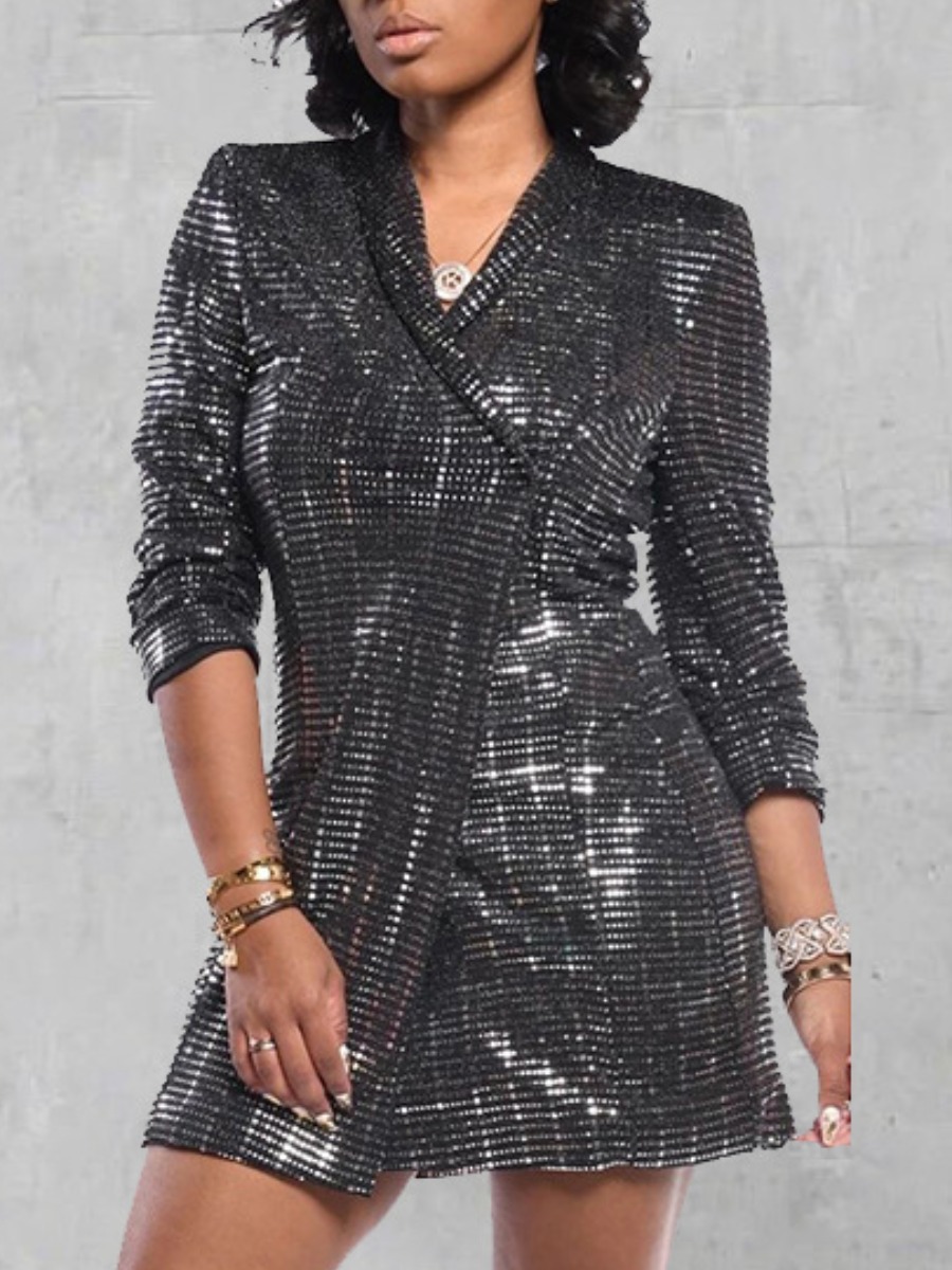 

lovely Trendy Turndown Collar Sequined Silver Long Coat