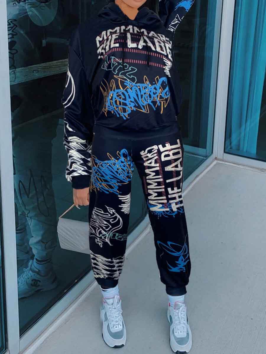 

LW Street Hooded Collar Letter Print Blue Two Piece Pants Set