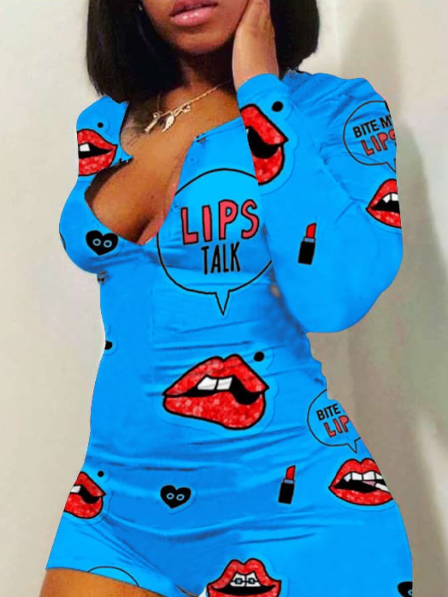 

Lovely Trendy Lip Print Blue Sleepwear