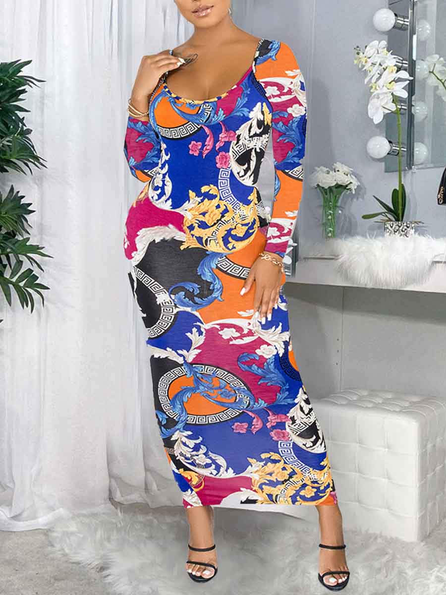 

Lovely Trendy U Neck Print Blue Ankle Length Dress