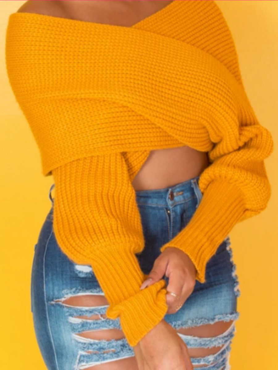 

Lovely Chic Cross-over Design Yellow Sweater