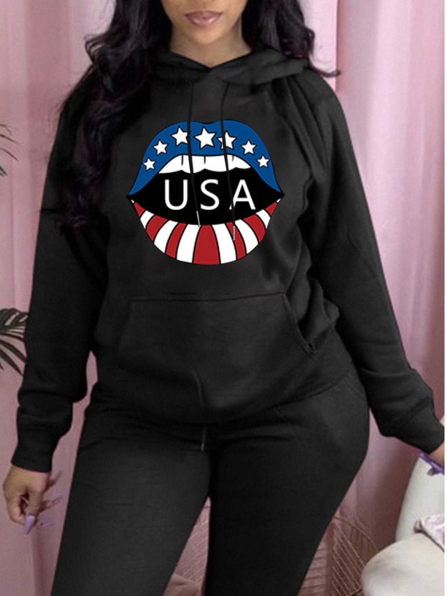 

lovely Casual Hooded Collar Lip Print Black Hoodie