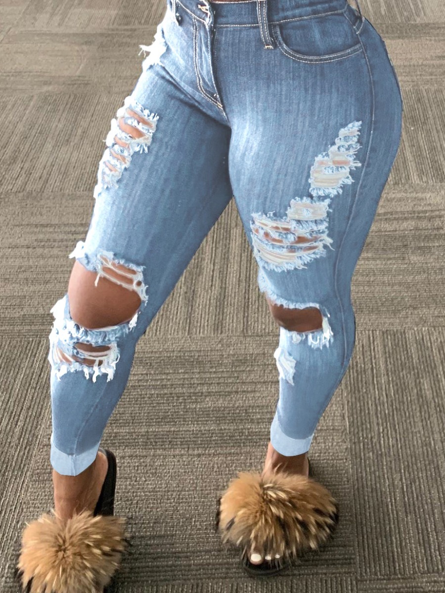 

Lovely Casual Broken Holes Baby Blue Plus Size Jeans