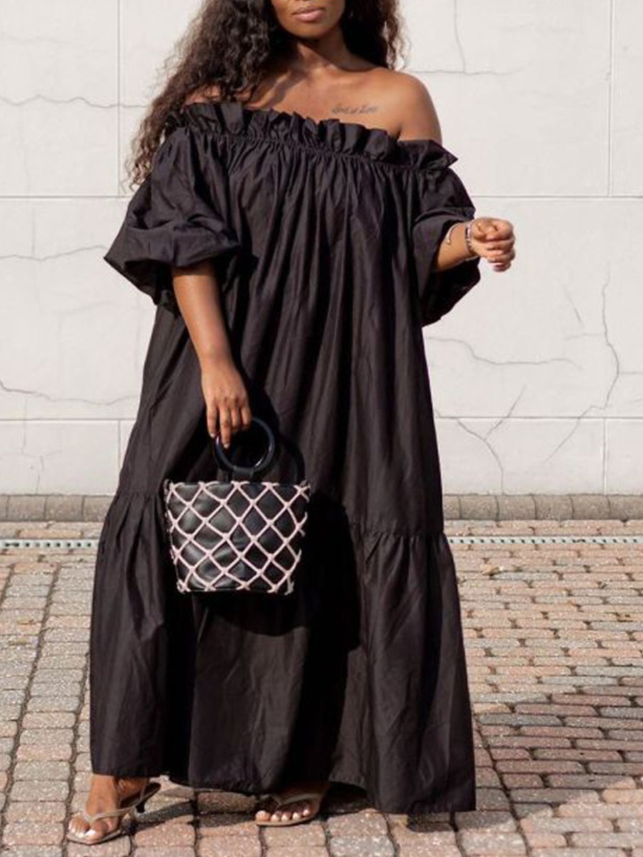 

lovely Trendy Dew Shoulder Fold Design Black Maxi Dress