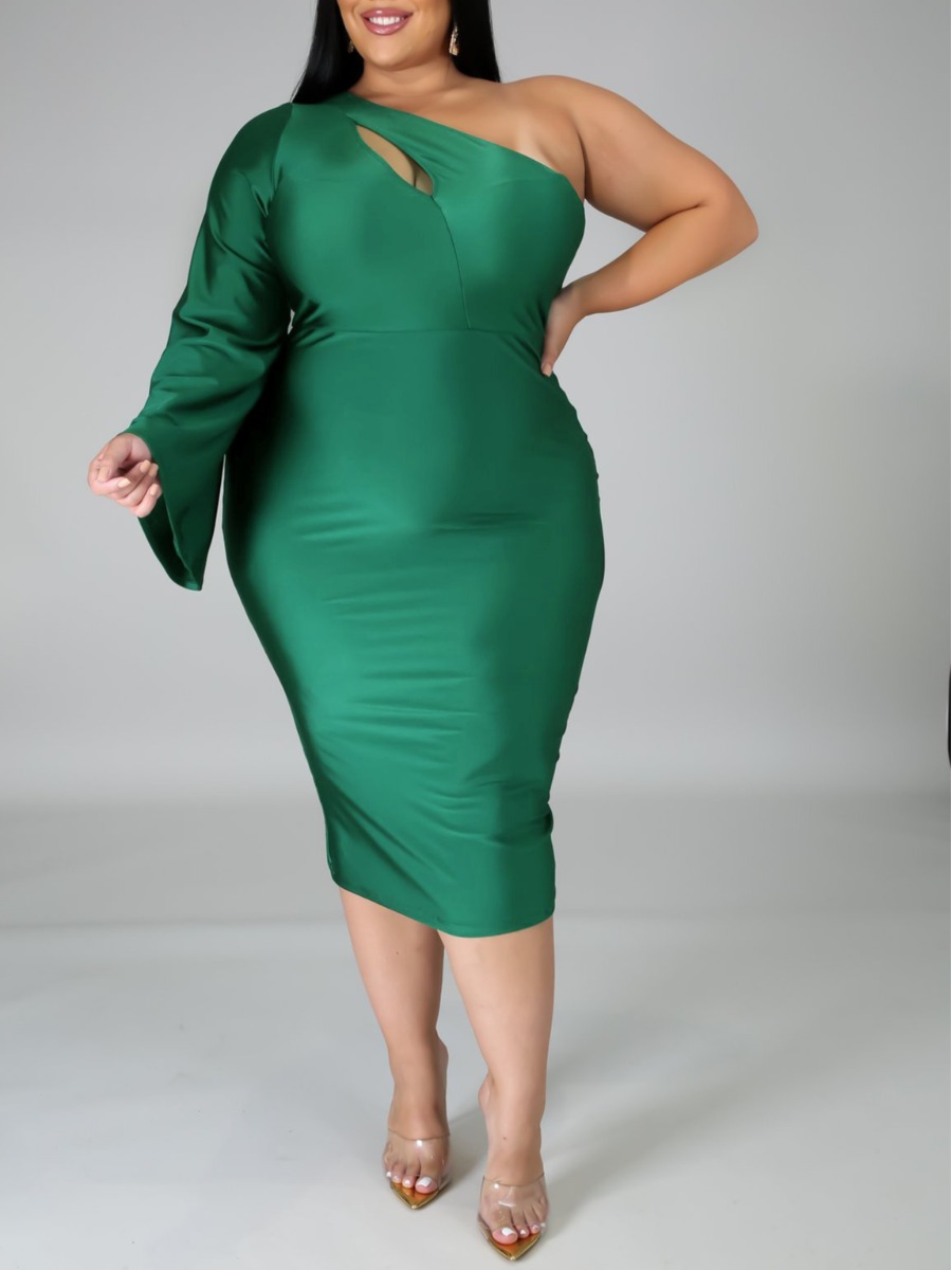 

lovely Trendy One Shoulder Hollow-out Green Mid Calf Plus Size Dress
