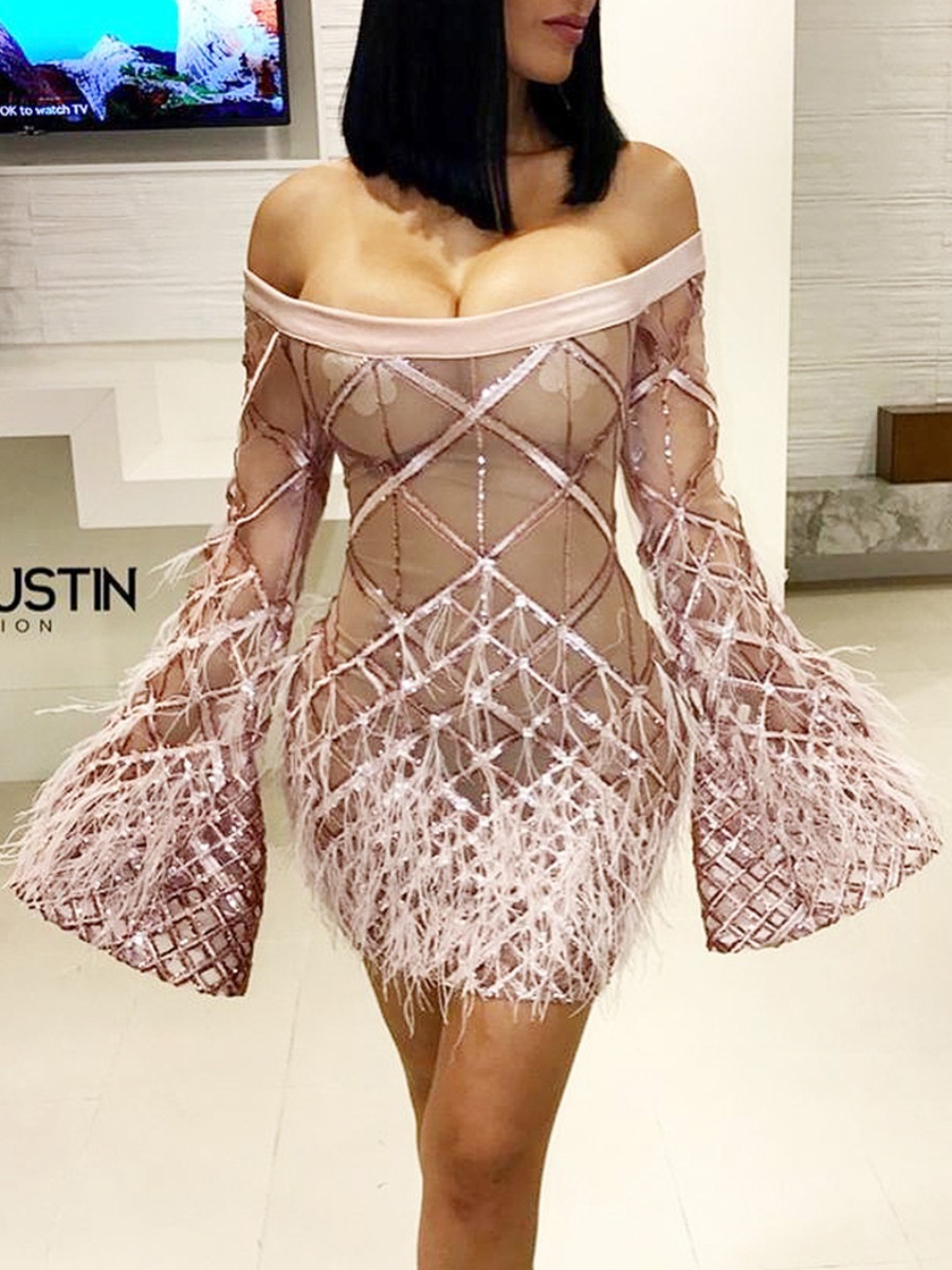 

lovely Sexy Dew Shoulder See-through Apricot Mini Dress