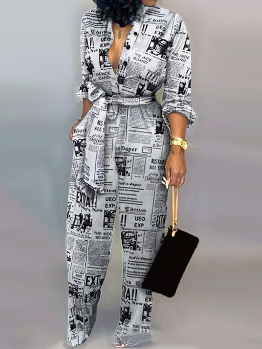 

lovely Trendy Lace-up Print White One-piece Jumpsuit