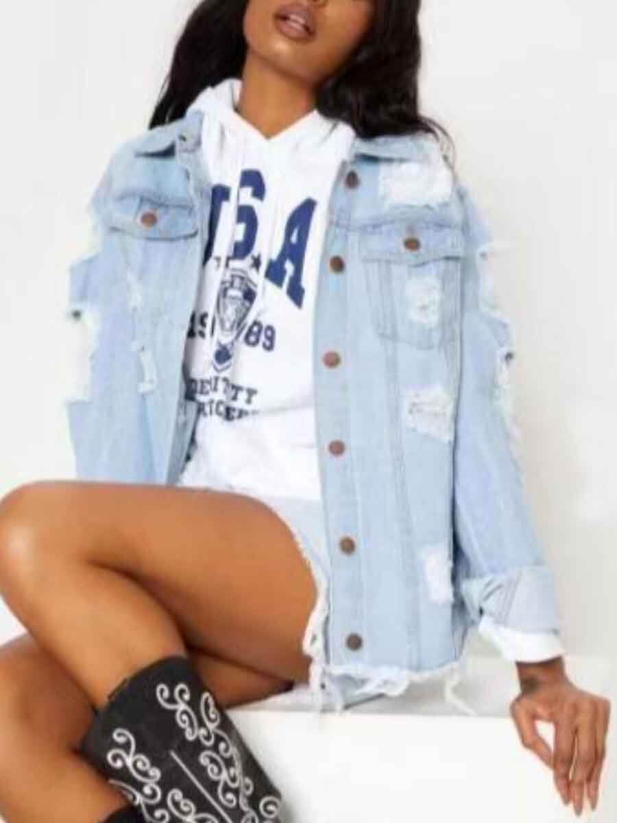 

Lovely Street Turndown Collar Broken Holes Baby Blue Denim Jacket