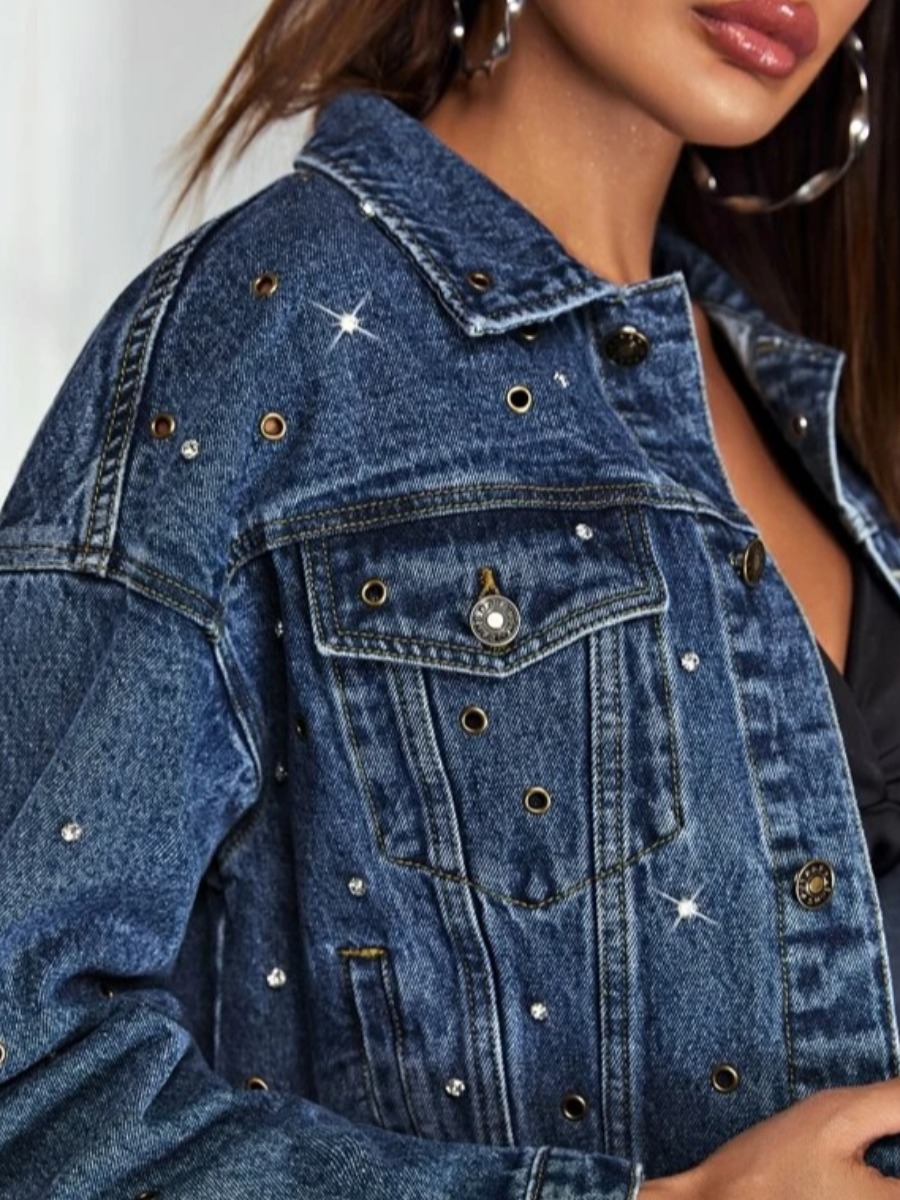 

lovely Trendy Turndown Collar Rivet Decorative Deep Blue Denim Jacket