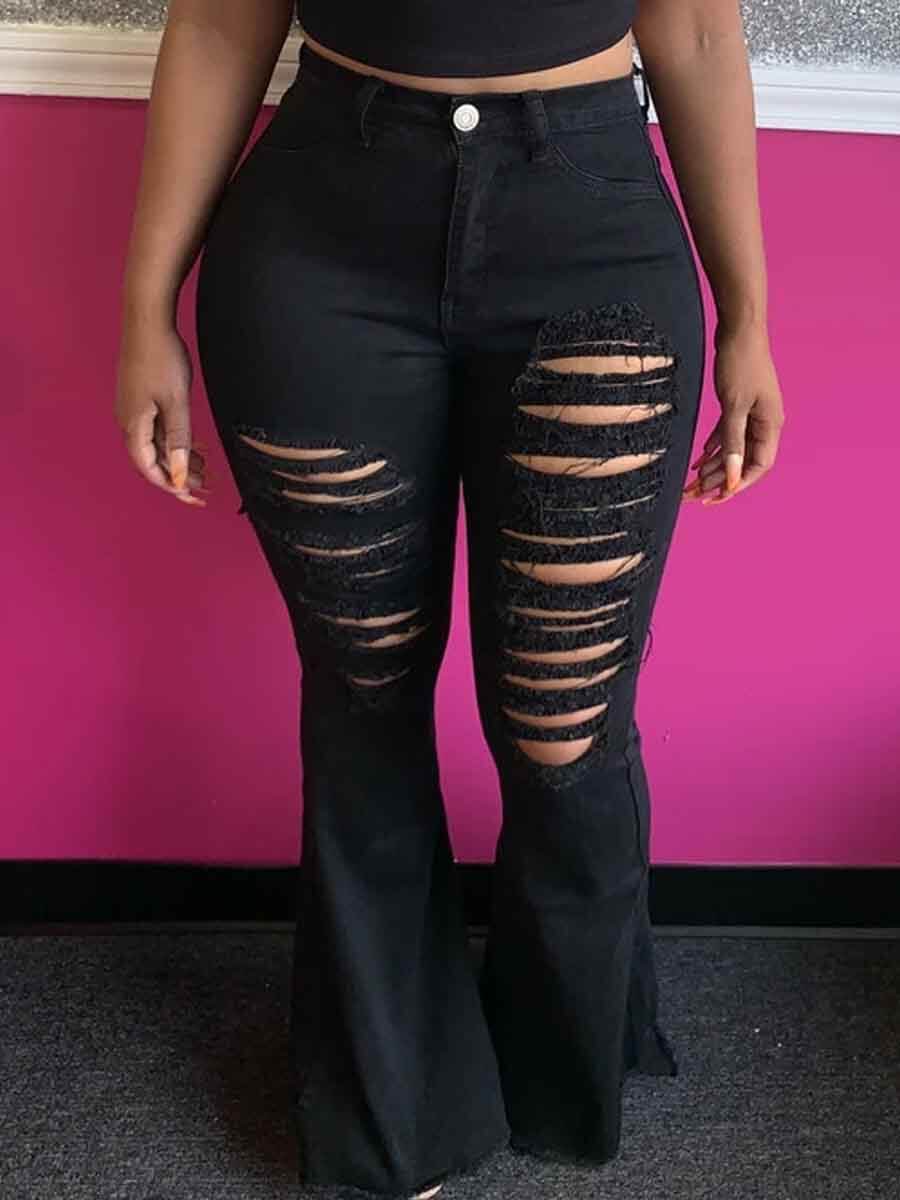 

Lovely Trendy Broken Holes Flared Black Jeans