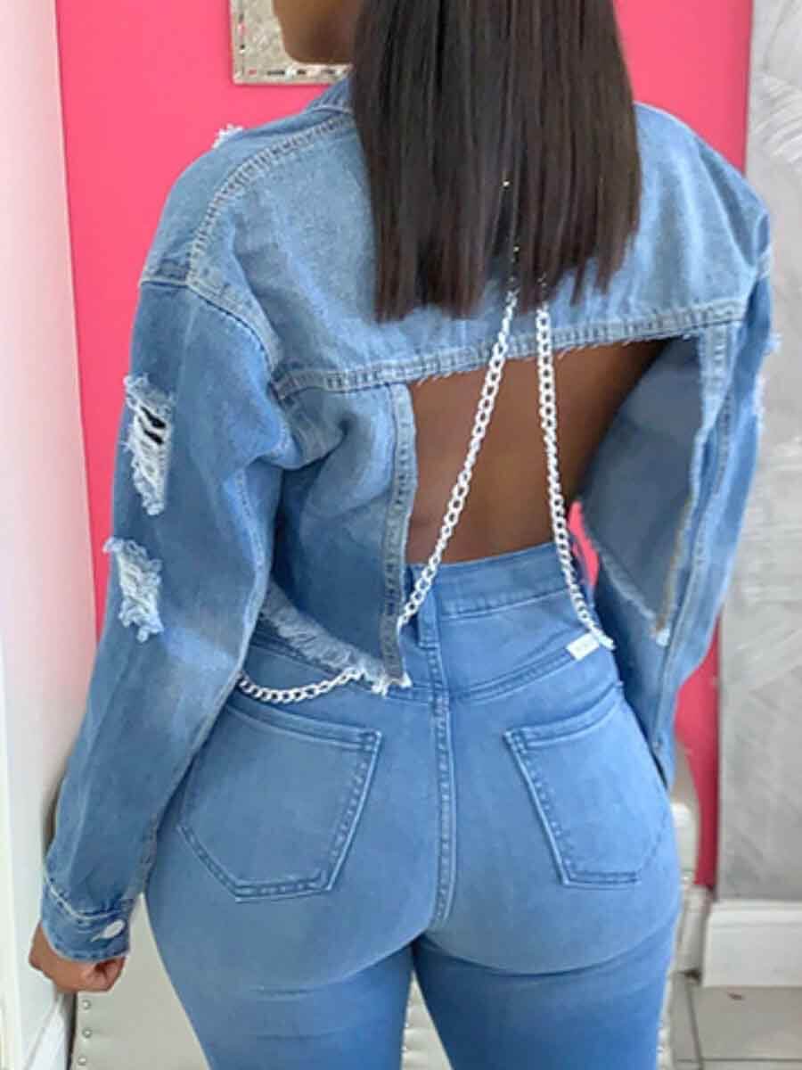 

Lovely Casual Turndown Collar Backless Baby Blue Denim Jacket