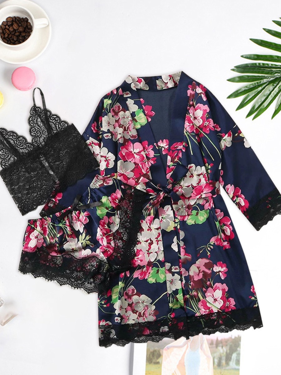 

lovely Sexy Floral Print Navy Blue Sleepwear