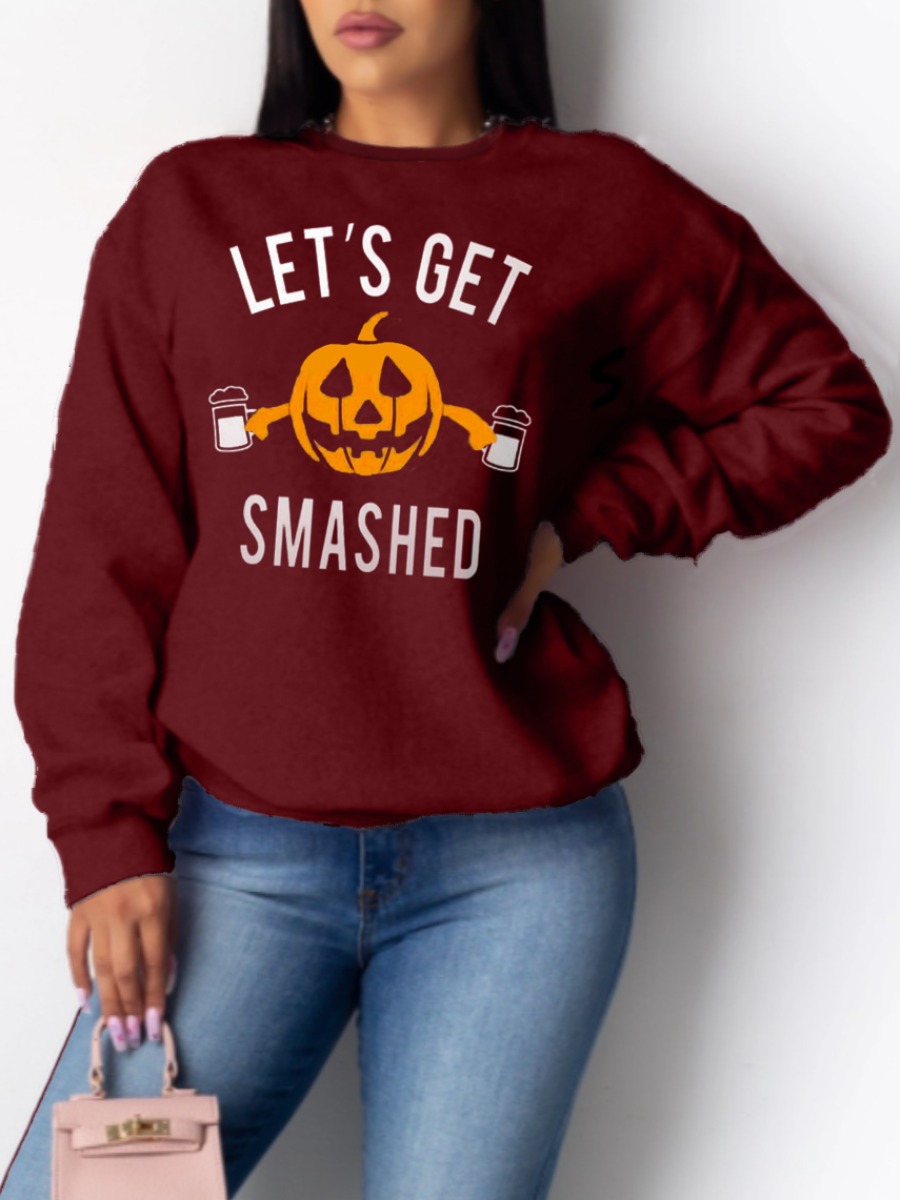 

lovely Casual O Neck Print Wine Red Hoodie