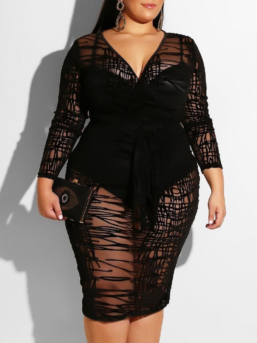 

LW BASICS Plus Size Sexy V Neck See-through Black Mid Calf Dress