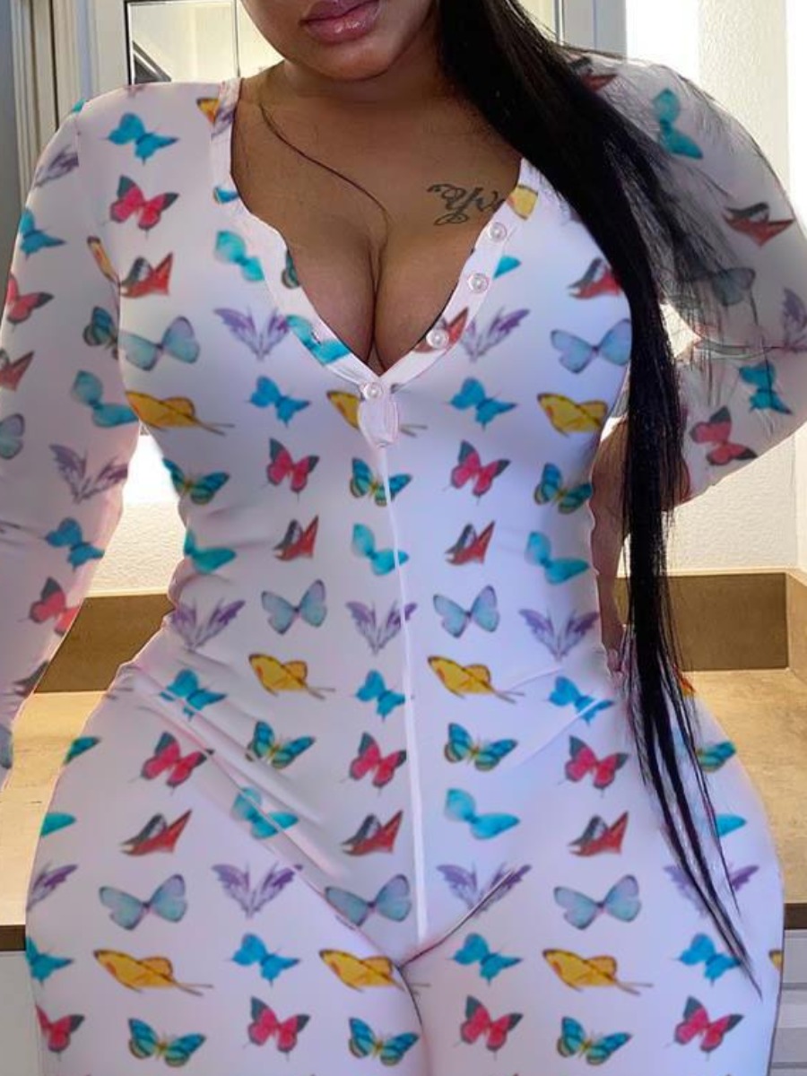 

lovely Trendy V Neck Butterfly Print White Plus Size One-piece Jumpsuit