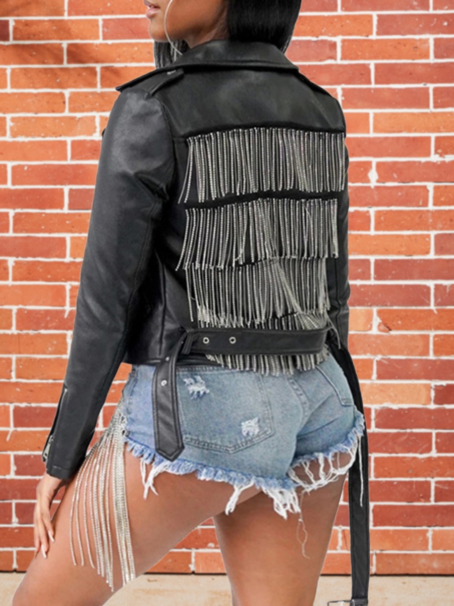 

lovely Trendy Turndown Collar Tassel Design Black Plus Size Jacket