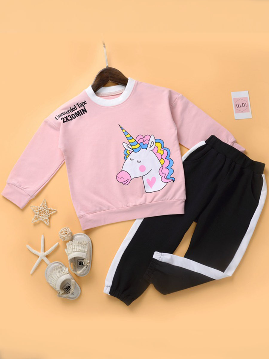

lovely Casual O Neck Cartoon Print Pink Girl Two-piece Pants Set